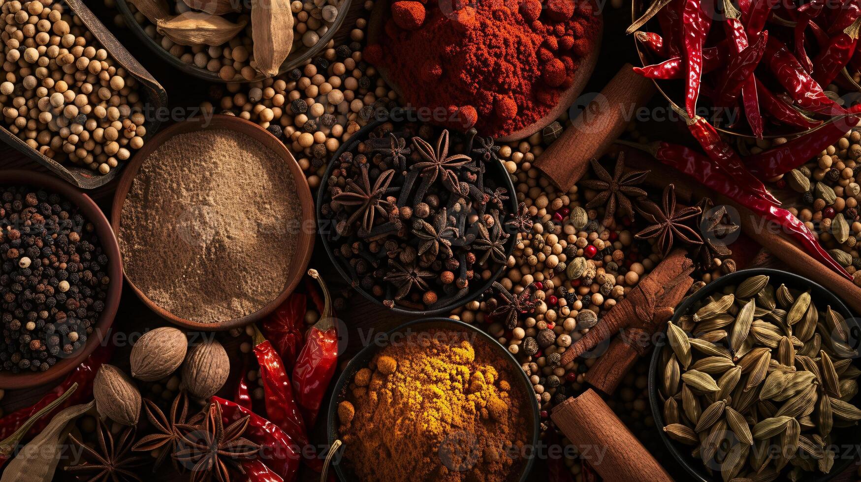 an assortment of whole spices, arranged in harmonious chaos photo