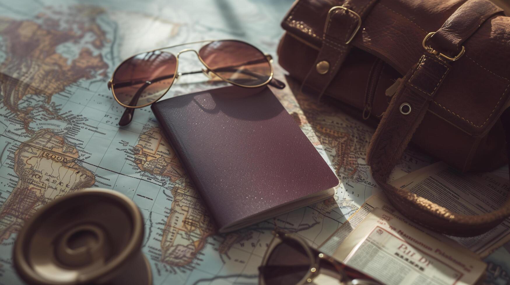 A neatly arranged composition of travel essentials, including an empty covered passport, sunglasses, and a map photo