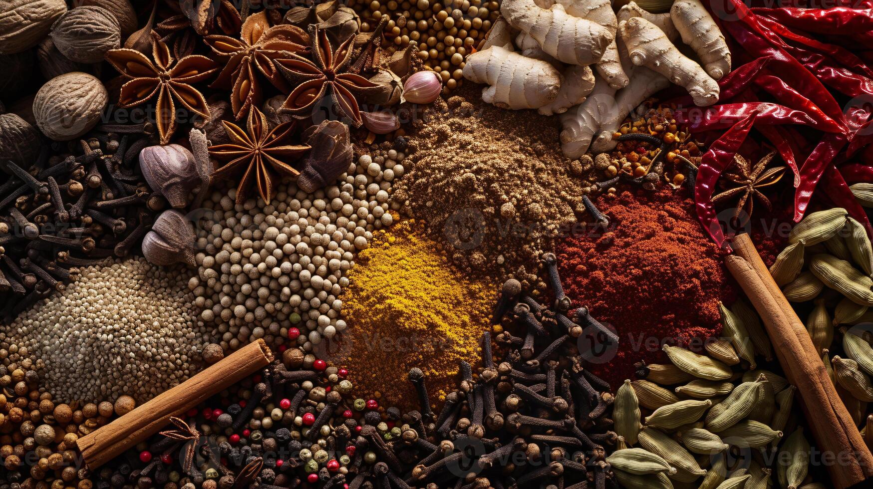 an assortment of whole spices, arranged in harmonious chaos photo