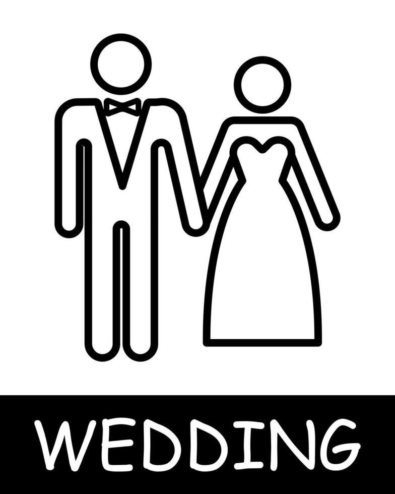 Woman and man in wedding dress icon. Beauty, outfit, girl, tuxedo, tie, couple, relationship, silhouette, simplicity, solemnity and celebration. The concept of marriage, a fateful decision. vector