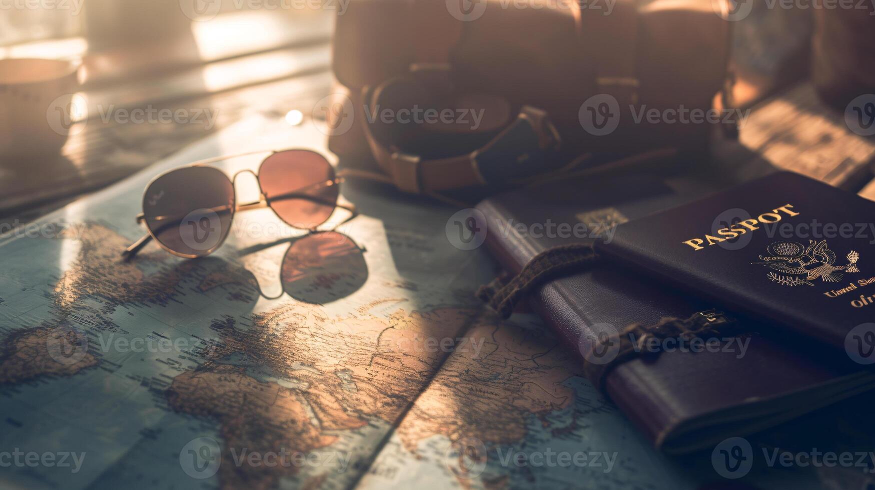 A neatly arranged composition of travel essentials, including an empty covered passport, sunglasses, and a map photo