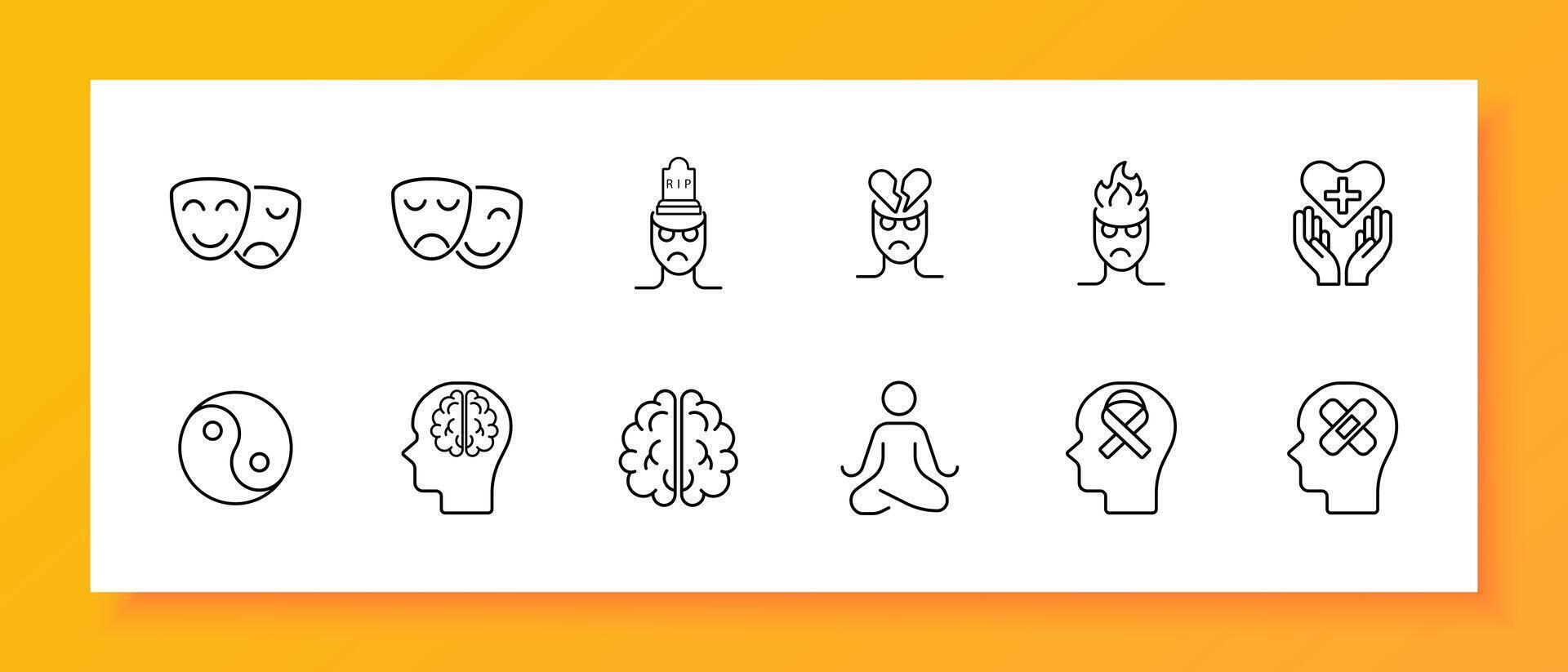 Mood icon set. Theater masks, smile, anger, yin yang, man, brain, fire, meditation, silhouette, sentiment care, patch, restoration, . Controlling your condition concept. line icon. vector