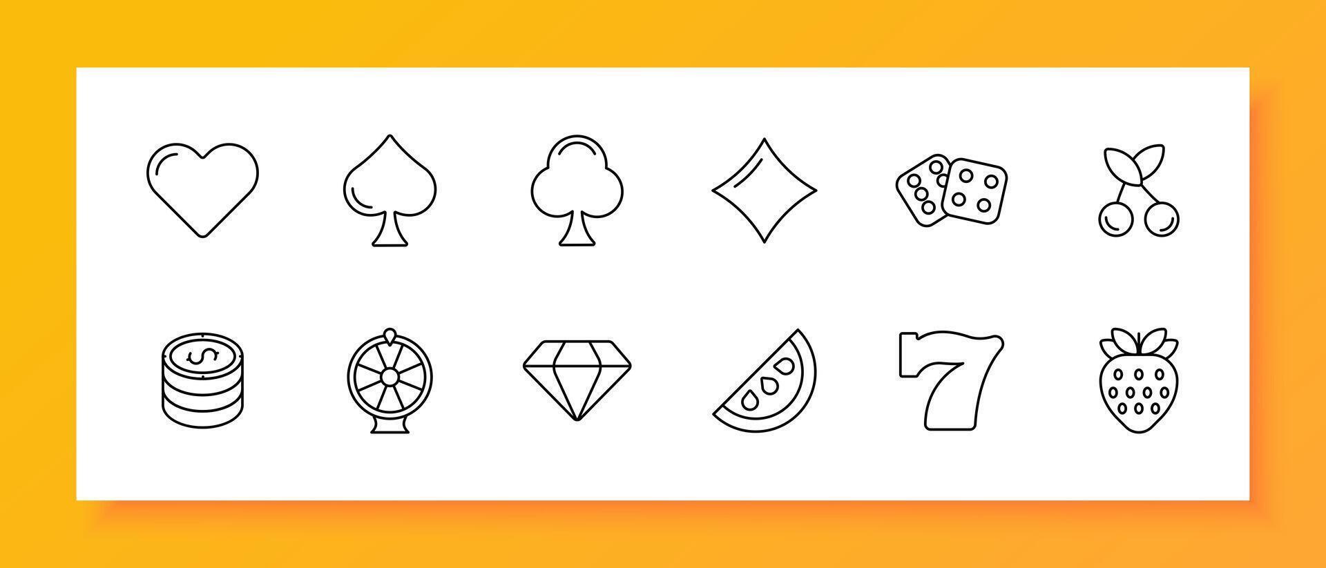 Casino icon set. Card suits, dice, slot machines, winning, excitement, diamond, cherry, chips, strawberry, seven, spade, diamond, hearts, crosses. Gambling concept. line icon. vector