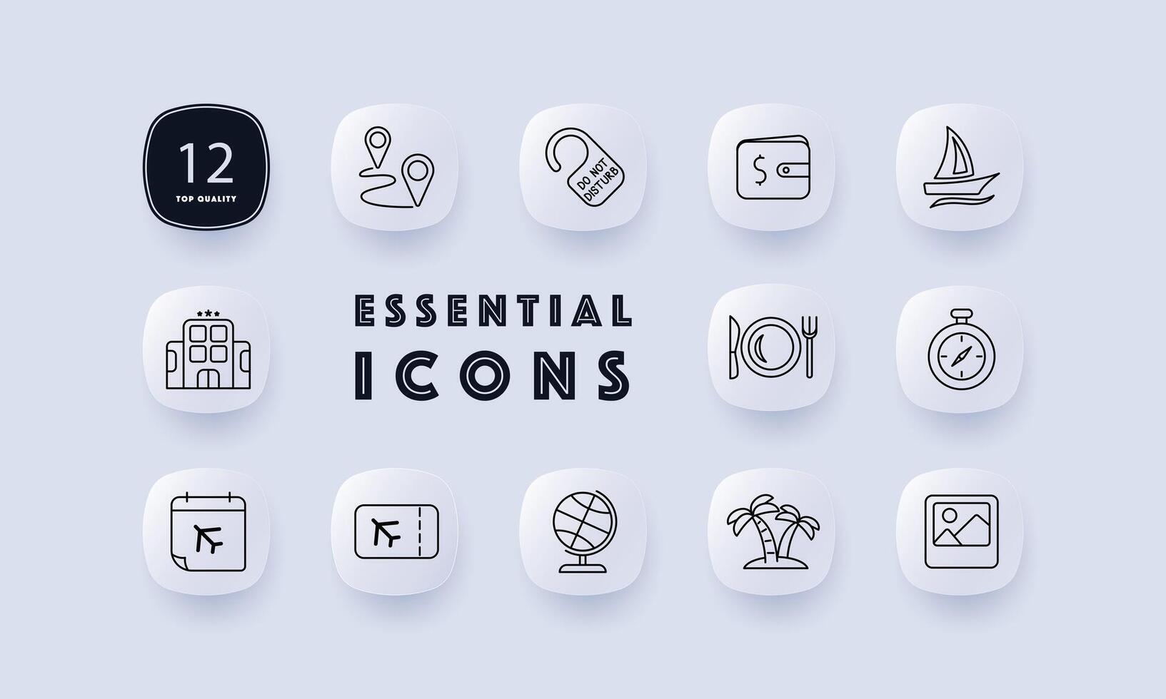 Trip set icon. Geolocation, travel, path from one point to another, wallet, hotel, tropical island, vacation, flight, globe, do not disturb icon. Tourism and wandering concept. Neomorphism style. vector