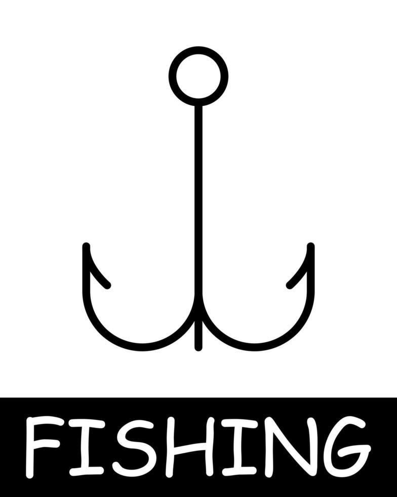 Catch, fish, fisherman icon. Fishing rod, hook, bait, float, underwater creatures, landscape, simplicity, silhouettes, relaxation in nature, fresh air, hobby. Concept of fishing, useful recreation. vector