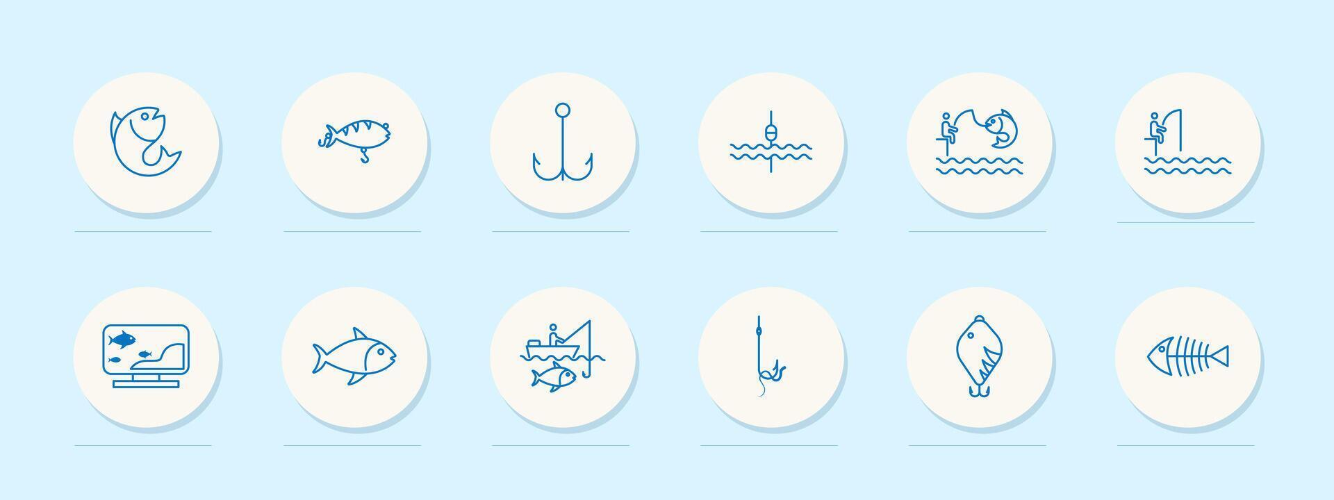 Fishing icon set. Camping, skeleton, fishing line, fisherman, sea, pond, catch, hook, float, hook, underwater creature, perch, silhouette, blue. Active recreation concept. line icon. vector