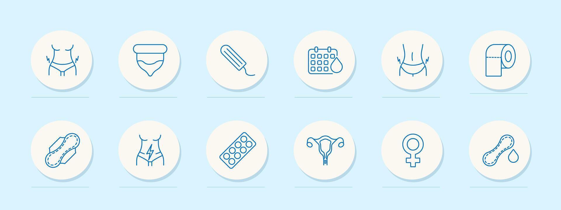 Menstruation set icon. Condom, tampon, pad, pack of female gender pills, calendar, blood, lightning, female reproductive organ, toilet paper. Self care concept. line icon. vector