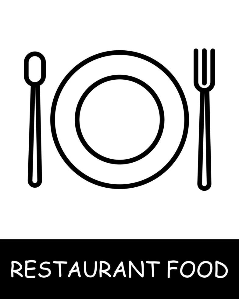 Restaurant dish, cutlery icon. Plate, fork, spoon, gourmet craftsmanship, culinary creativity, simplicity, silhouette, snack, gourmet food. Delicious, unusual food concept. vector