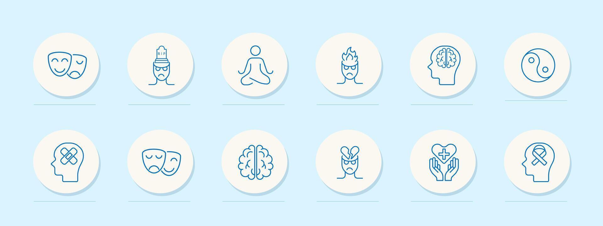 Mood icon set. Theater masks, smile, anger, yin yang, man, brain, fire, meditation, silhouette, sentiment care, patch, restoration, blue. Controlling your condition concept. line icon. vector