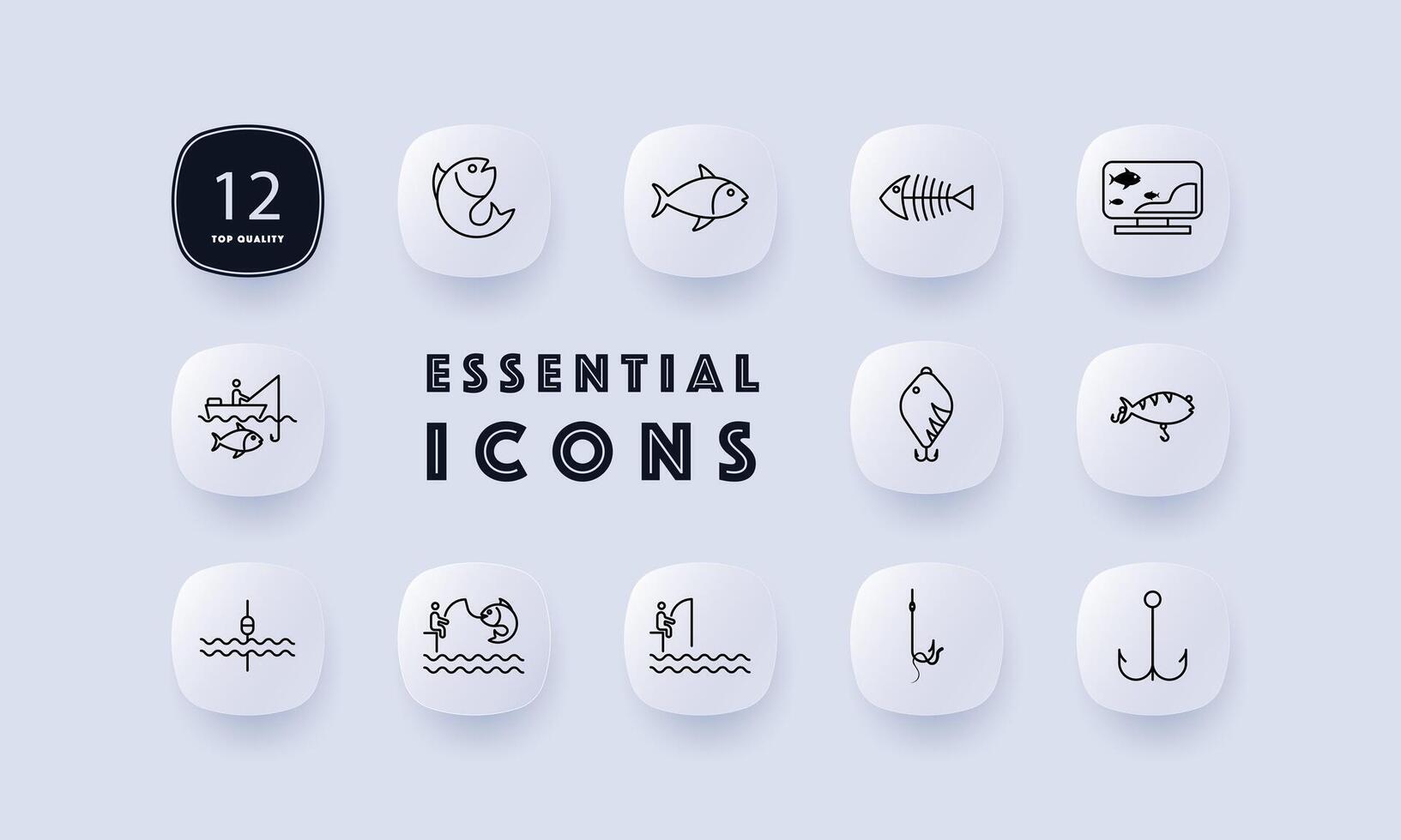 Fishing icon set. Camping, skeleton, fishing line, fisherman, sea, pond, catch, hook, float, hook, underwater creature, perch, silhouette, gradient. Active recreation concept. Neomorphism style. vector