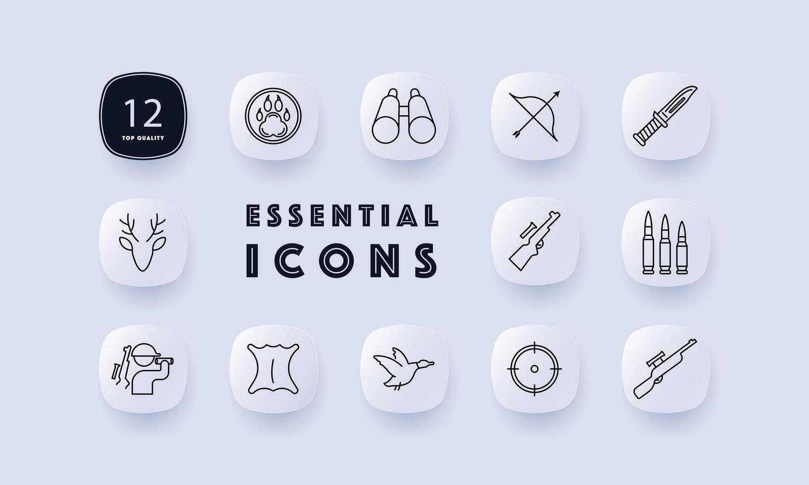 Chase set icon. Bear paw badge, rifle, bow, deer, skin, knife, bullet, horns, crosshair, sight, binoculars, silhouette, man, duck, gradient. Hunting concept. Neomorphism style. vector