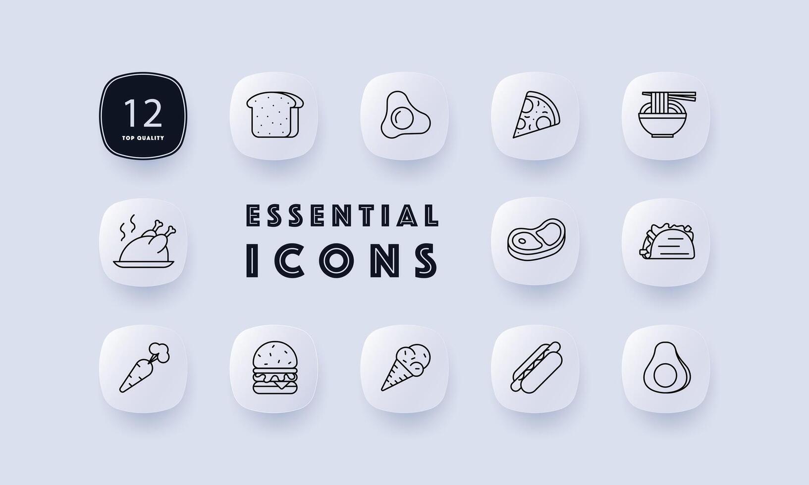 Delicacy set icon. Bread, shawarma, eggs, fried eggs, ice cream, carrots, steak, burger, sausage in dough, grilled chicken, pizza, noodles, street food, gradient, unusual food. Neomorphism style. vector