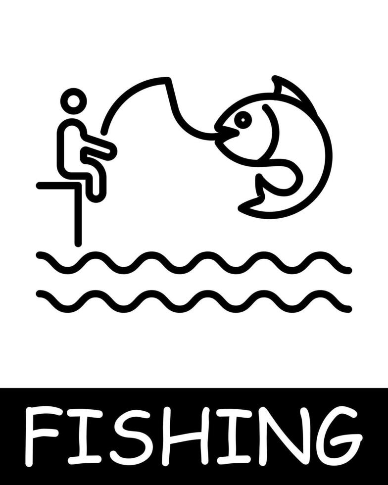 Catch, man, fisherman icon. Shallop, fishing rod, fish, bait, underwater creatures, landscape, simplicity, silhouettes, relaxation in nature, hobby. The concept of fishing, useful recreation. vector