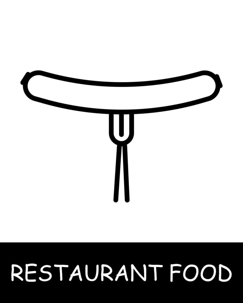 Restaurant dish, sausage on a fork icon. Serving, fast food, gourmet craftsmanship, culinary creativity, simplicity, silhouette, snack, gourmet food. Delicious, unusual food concept. vector