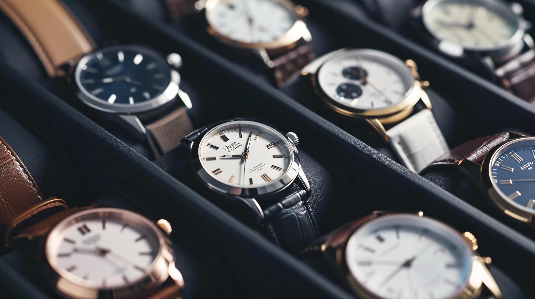 A collection of stylish wristwatches, arranged in a pattern, showcases the elegance of timepieces photo