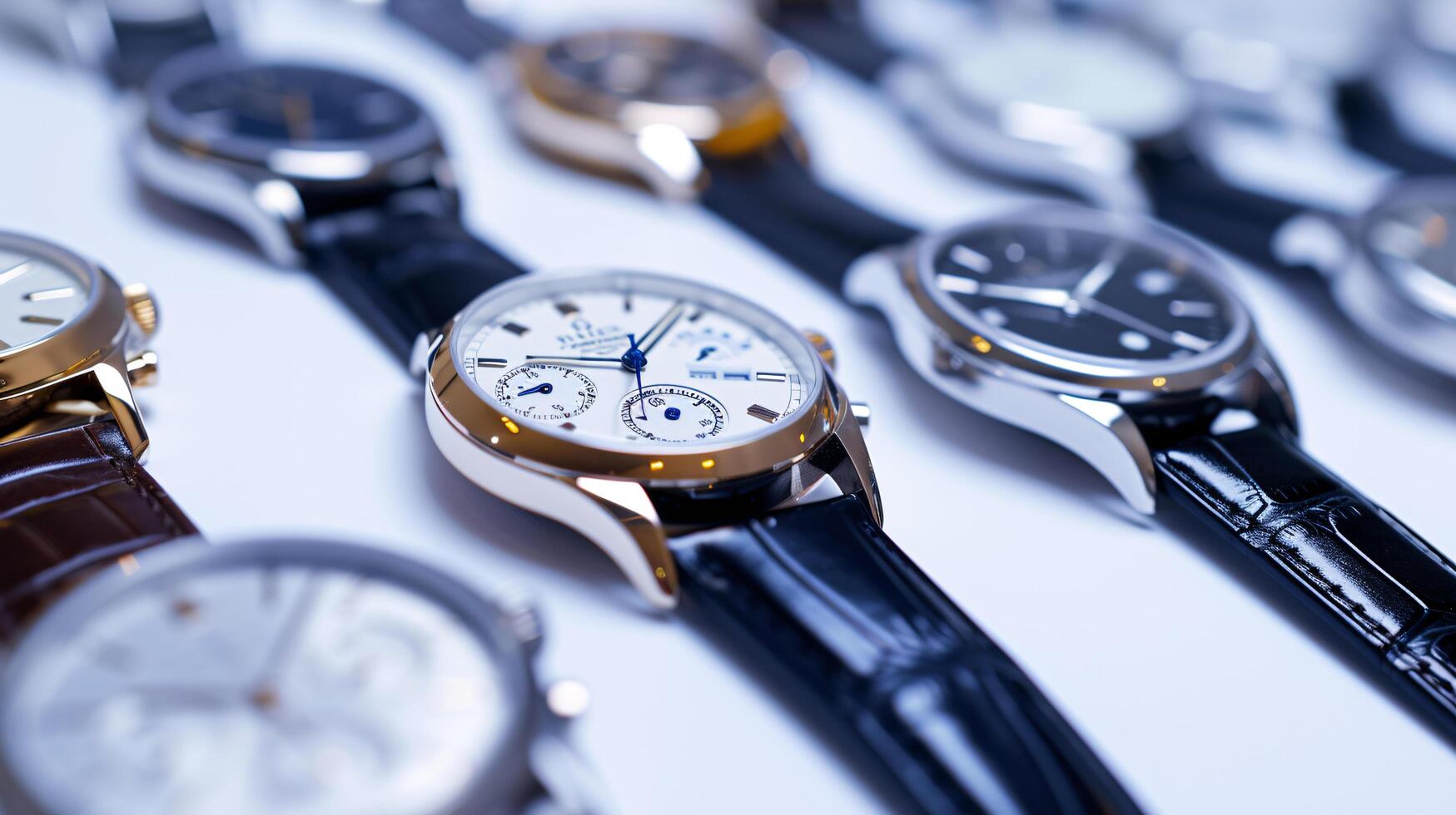 A collection of stylish wristwatches, arranged in a pattern, showcases the elegance of timepieces photo