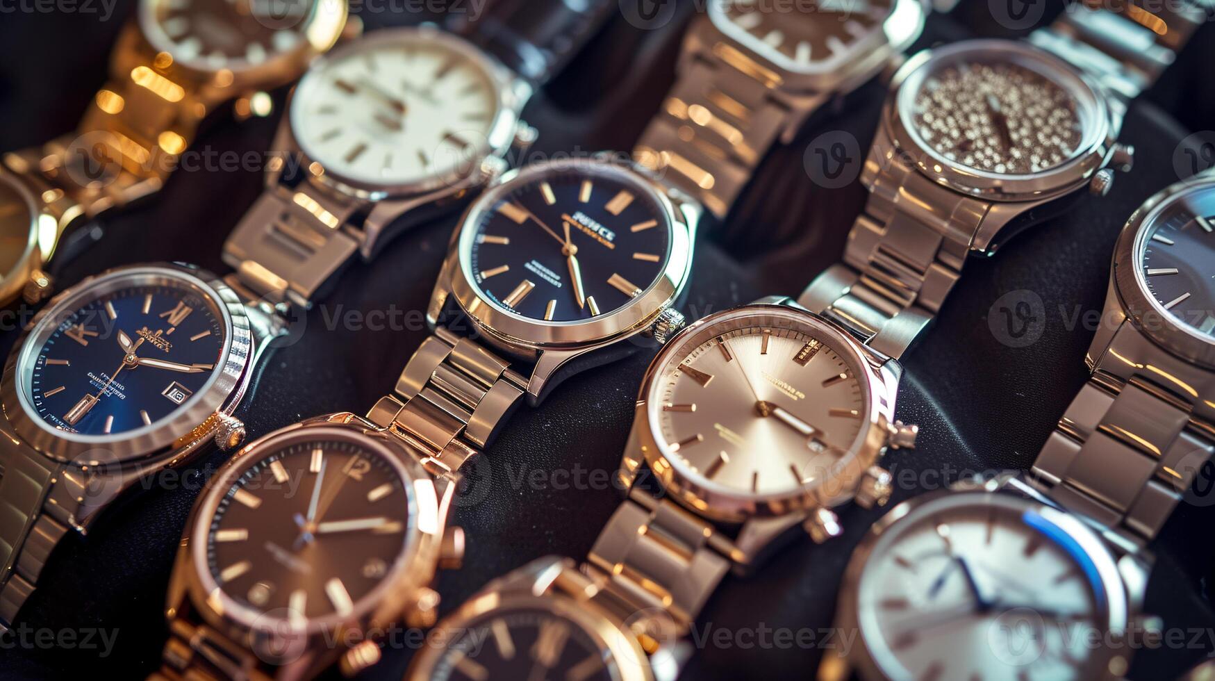 un colección de elegante relojes de pulsera, arreglado en un patrón, vitrinas el elegancia de relojes foto