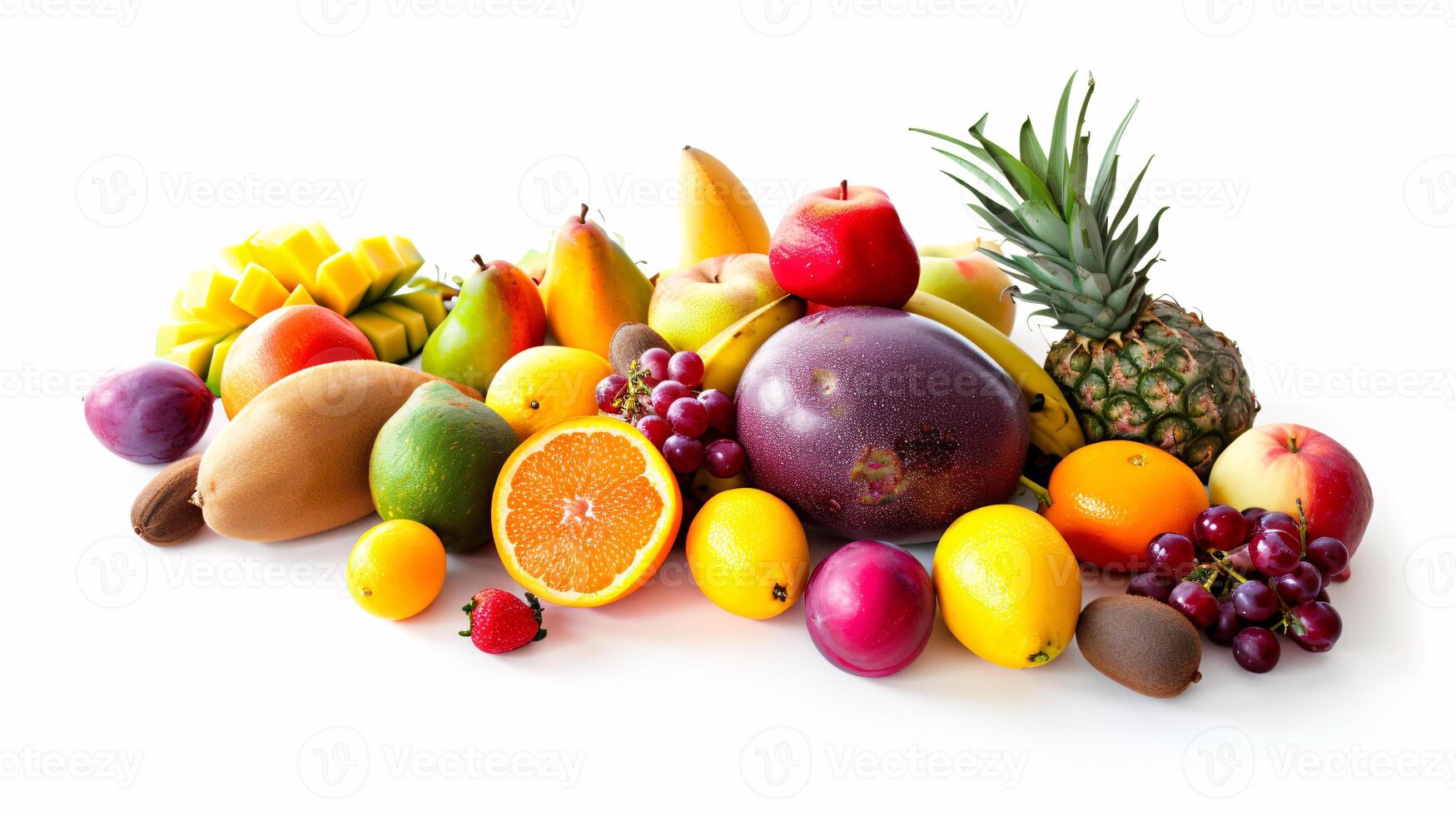 A bountiful selection of fresh, vibrant fruits are scattered artfully on the pristine white background photo