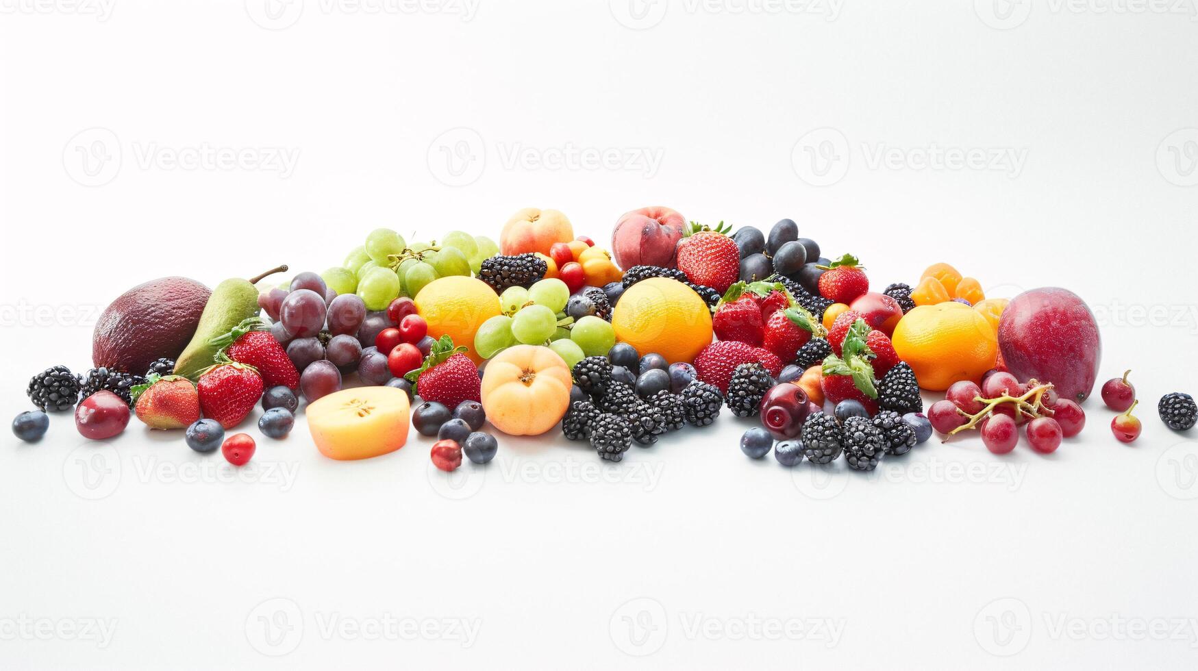 A bountiful selection of fresh, vibrant fruits are scattered artfully on the pristine white background photo