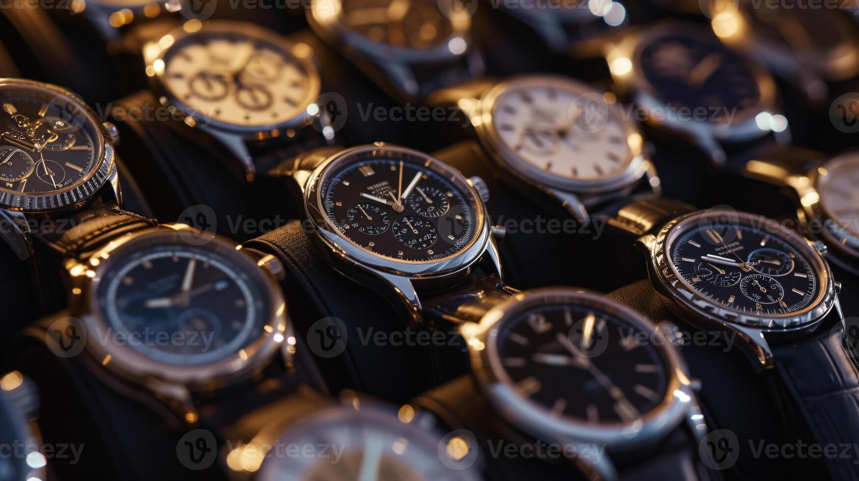 A collection of stylish wristwatches, arranged in a pattern, showcases the elegance of timepieces photo