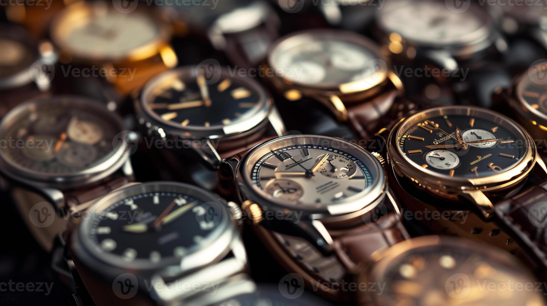 A collection of stylish wristwatches, arranged in a pattern, showcases the elegance of timepieces photo