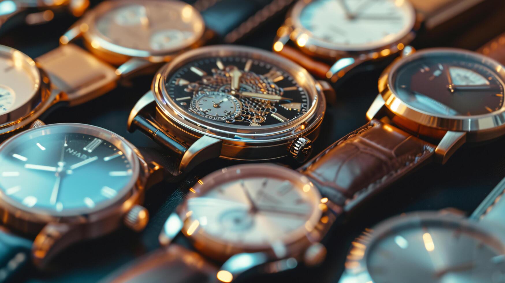 un colección de elegante relojes de pulsera, arreglado en un patrón, vitrinas el elegancia de relojes foto