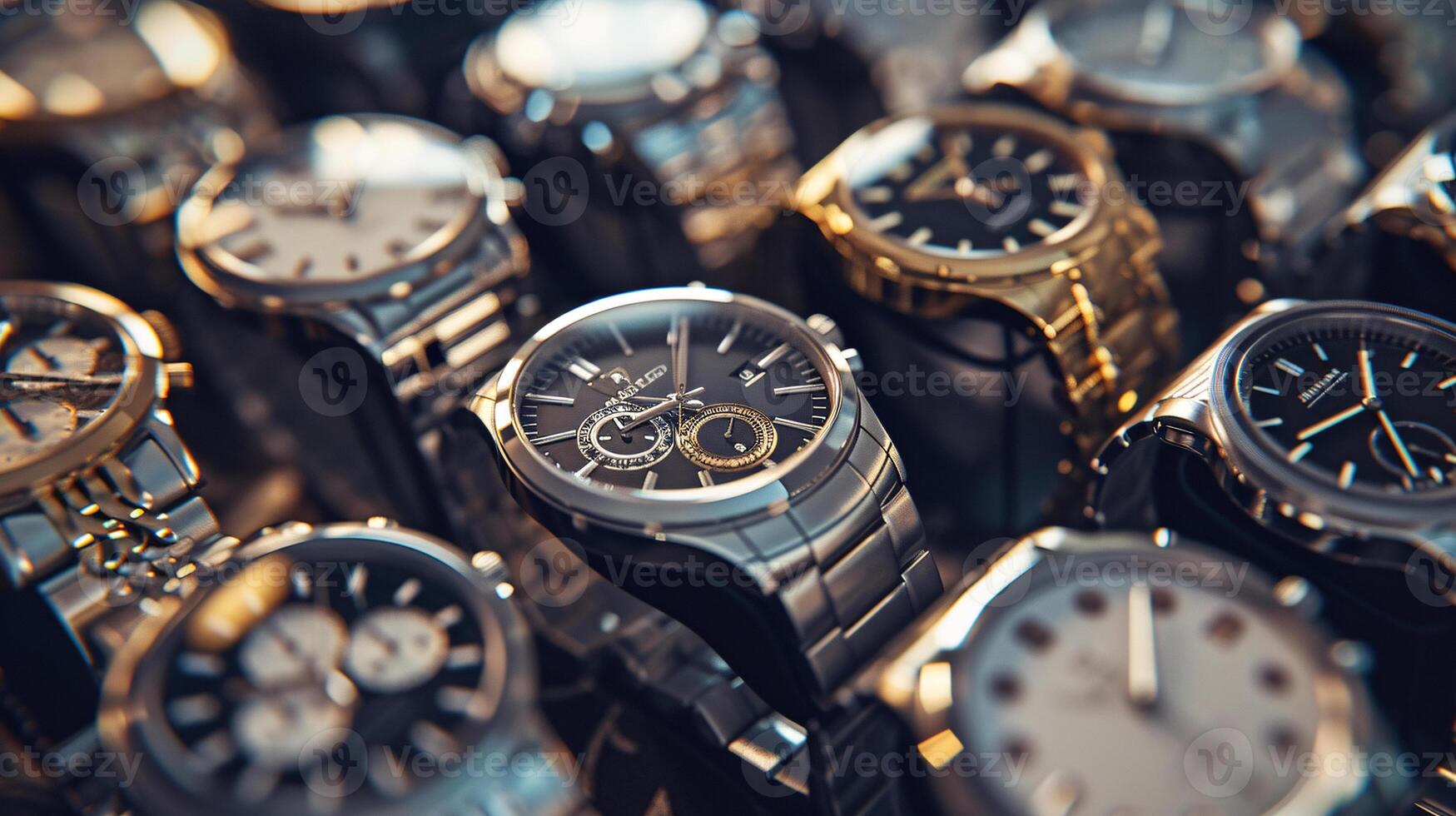 A collection of stylish wristwatches, arranged in a pattern, showcases the elegance of timepieces photo