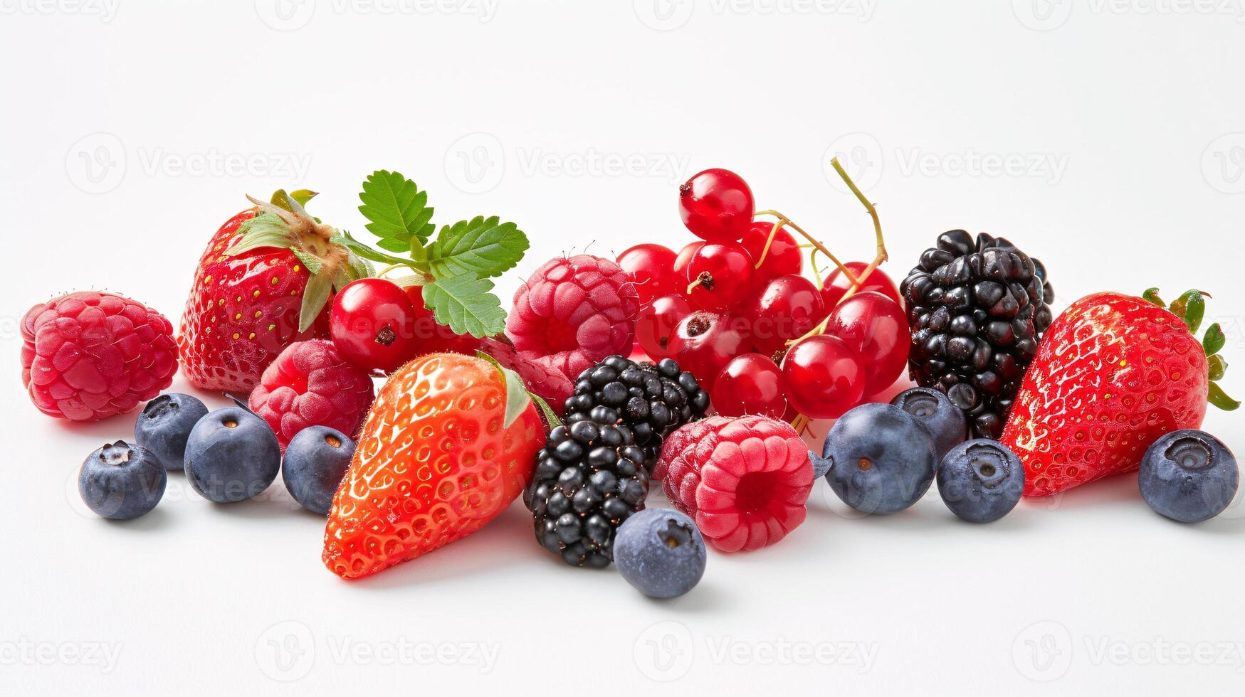 A bountiful selection of fresh, vibrant fruits are scattered artfully on the pristine white background photo