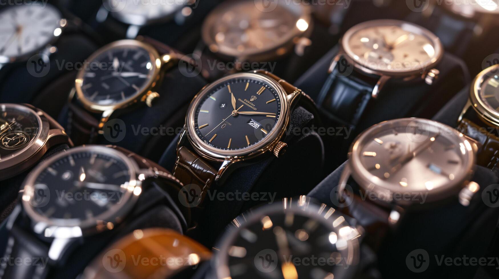 A collection of stylish wristwatches, arranged in a pattern, showcases the elegance of timepieces photo