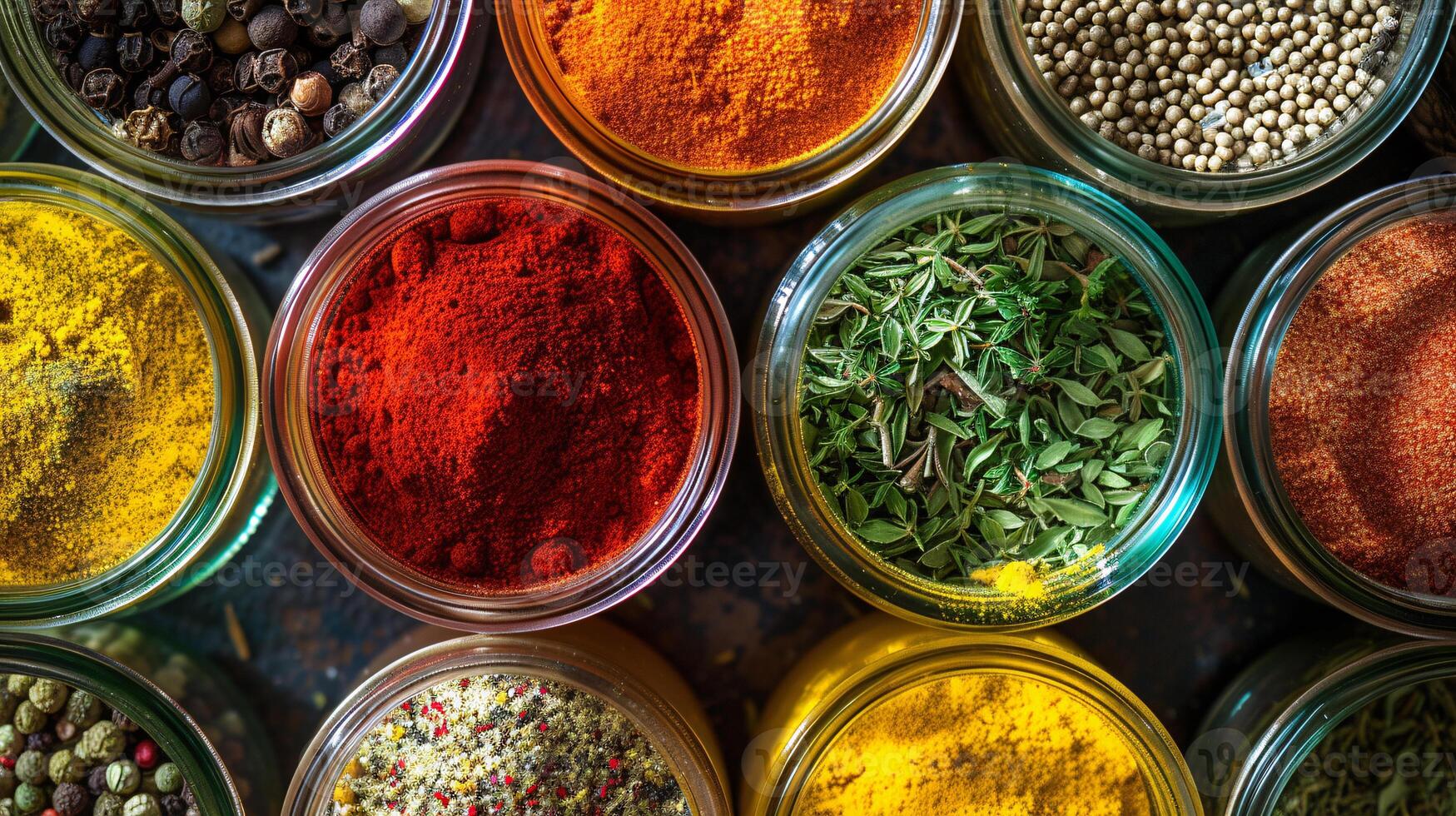 A composition of colorful italian spices in small glass jars forms a visually stimulating arrangement photo