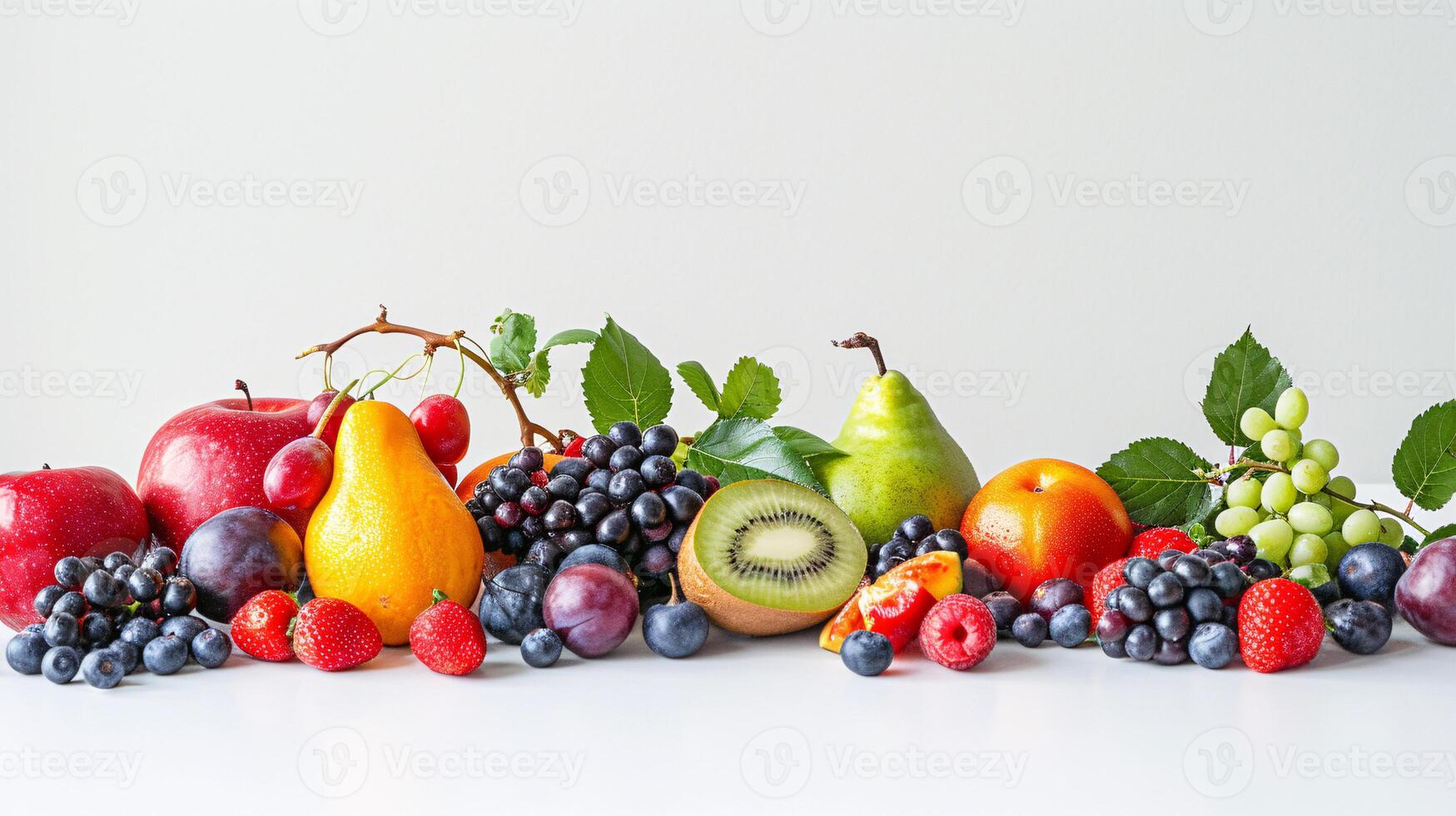 A bountiful selection of fresh, vibrant fruits are scattered artfully on the pristine white background photo