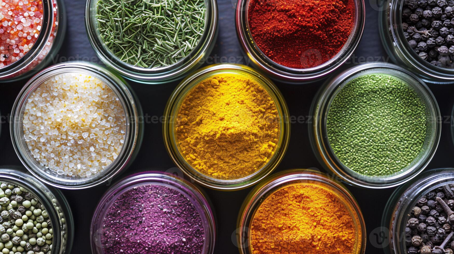 A composition of colorful italian spices in small glass jars forms a visually stimulating arrangement photo