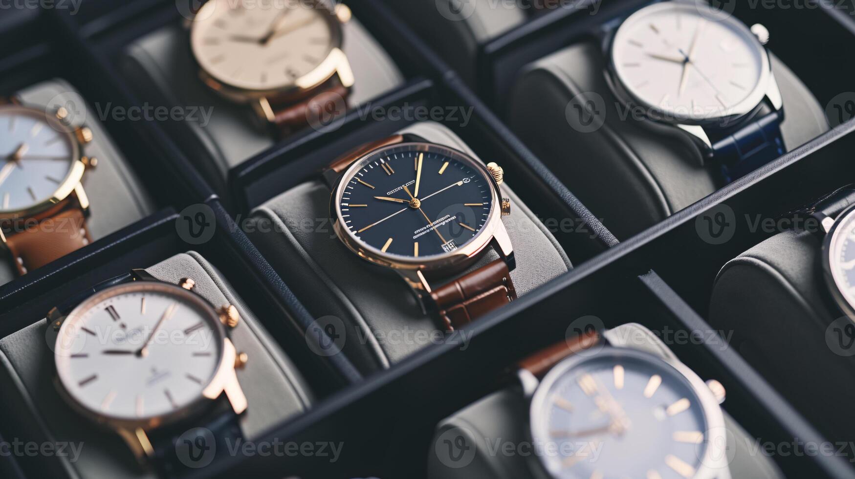 un colección de elegante relojes de pulsera, arreglado en un patrón, vitrinas el elegancia de relojes foto