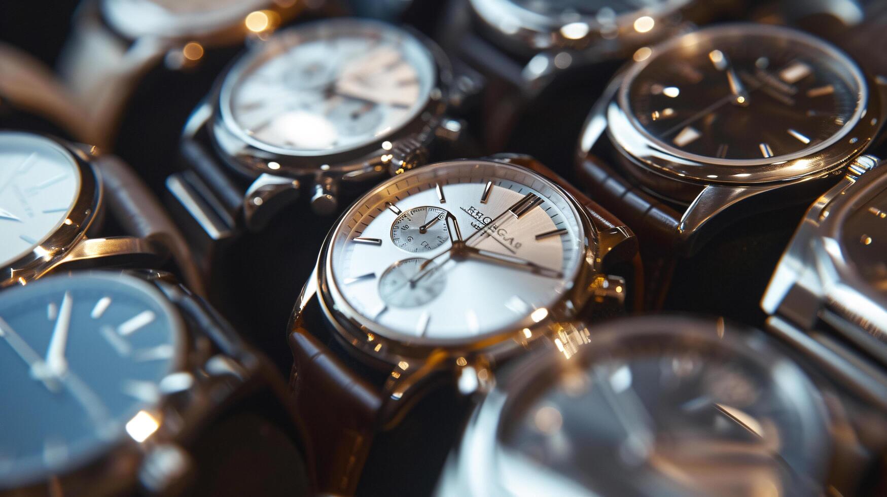 A collection of stylish wristwatches, arranged in a pattern, showcases the elegance of timepieces photo