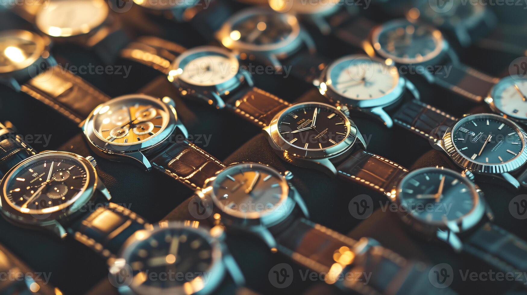 un colección de elegante relojes de pulsera, arreglado en un patrón, vitrinas el elegancia de relojes foto