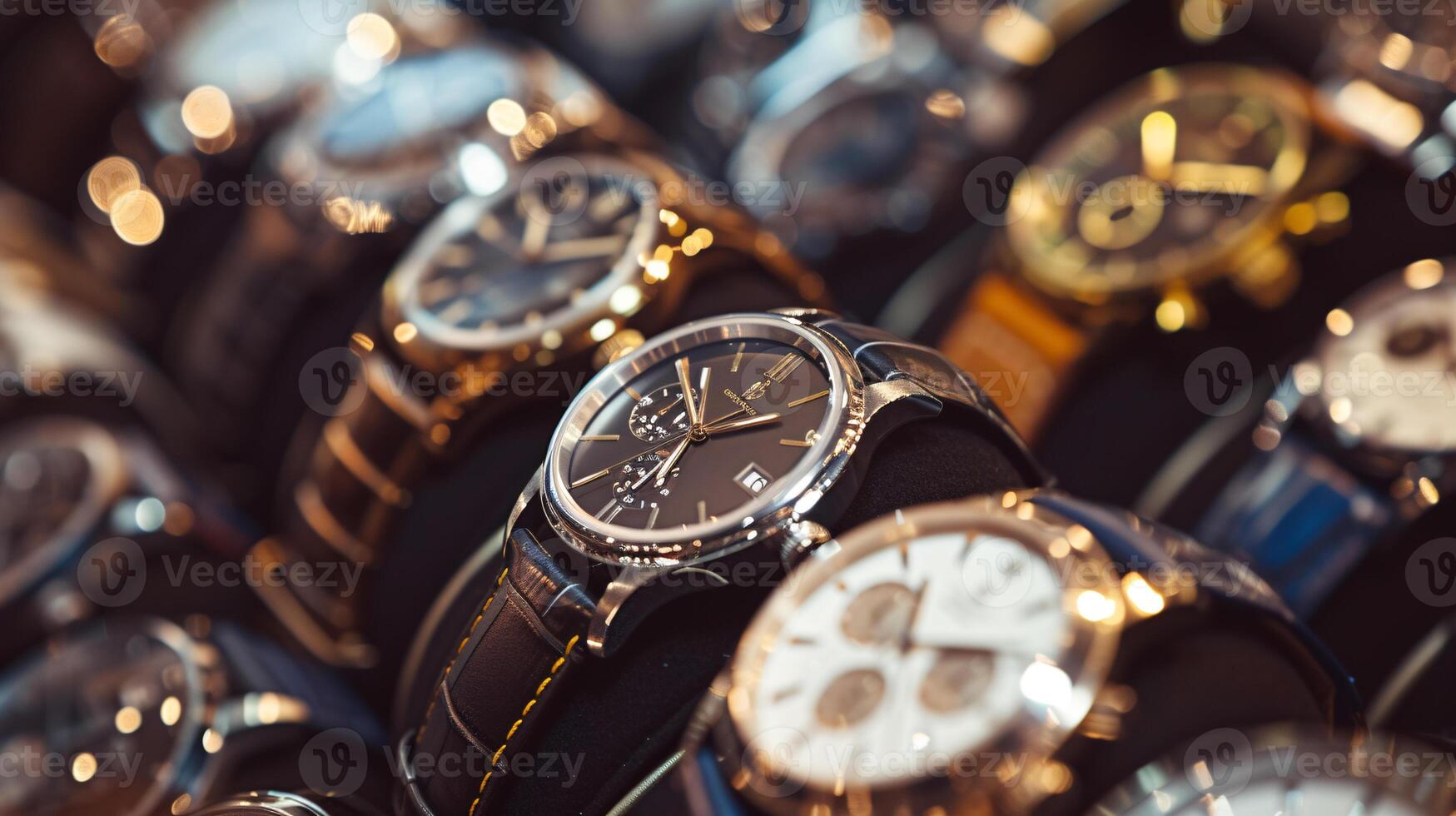 un colección de elegante relojes de pulsera, arreglado en un patrón, vitrinas el elegancia de relojes foto