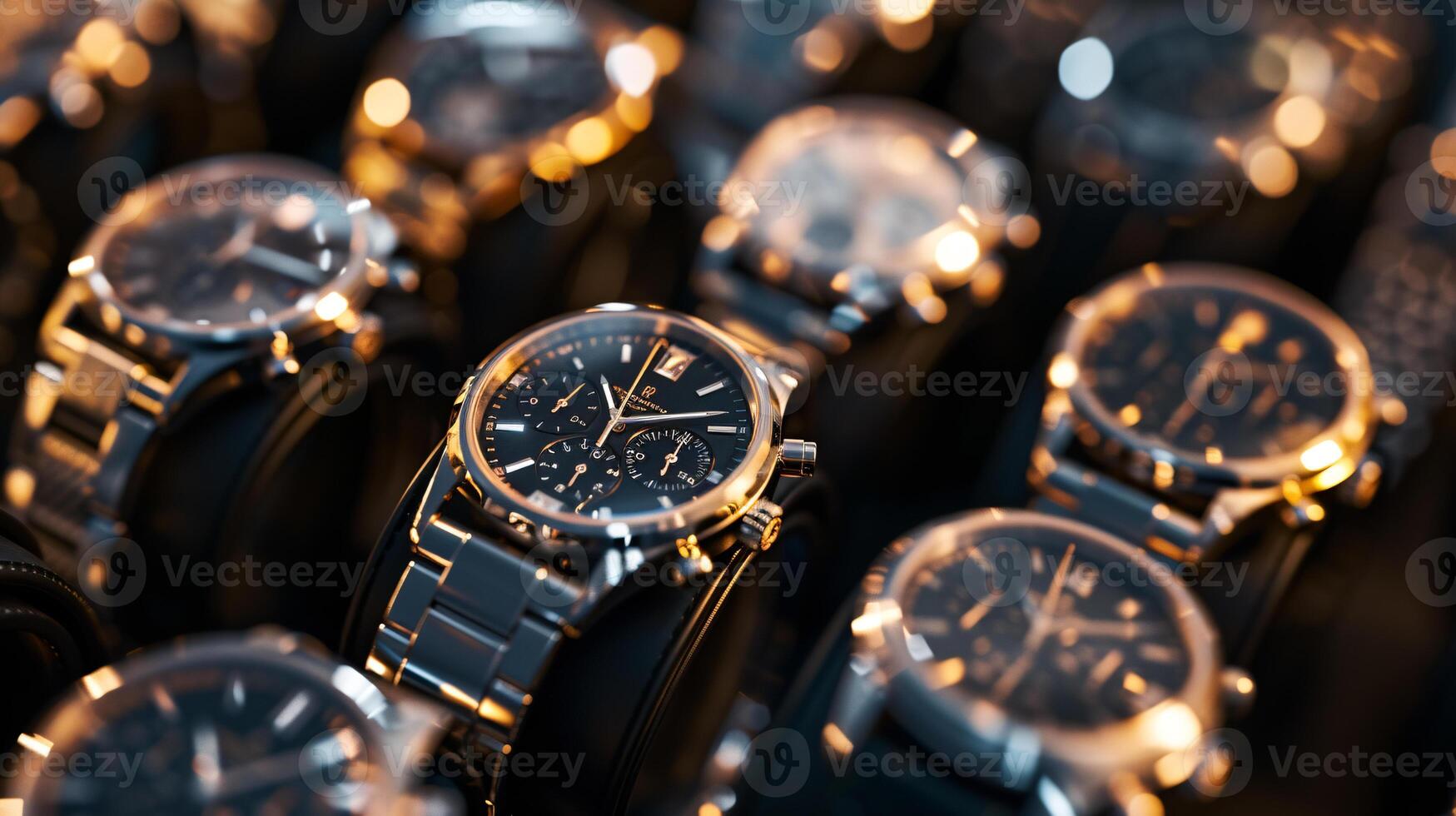 A collection of stylish wristwatches, arranged in a pattern, showcases the elegance of timepieces photo