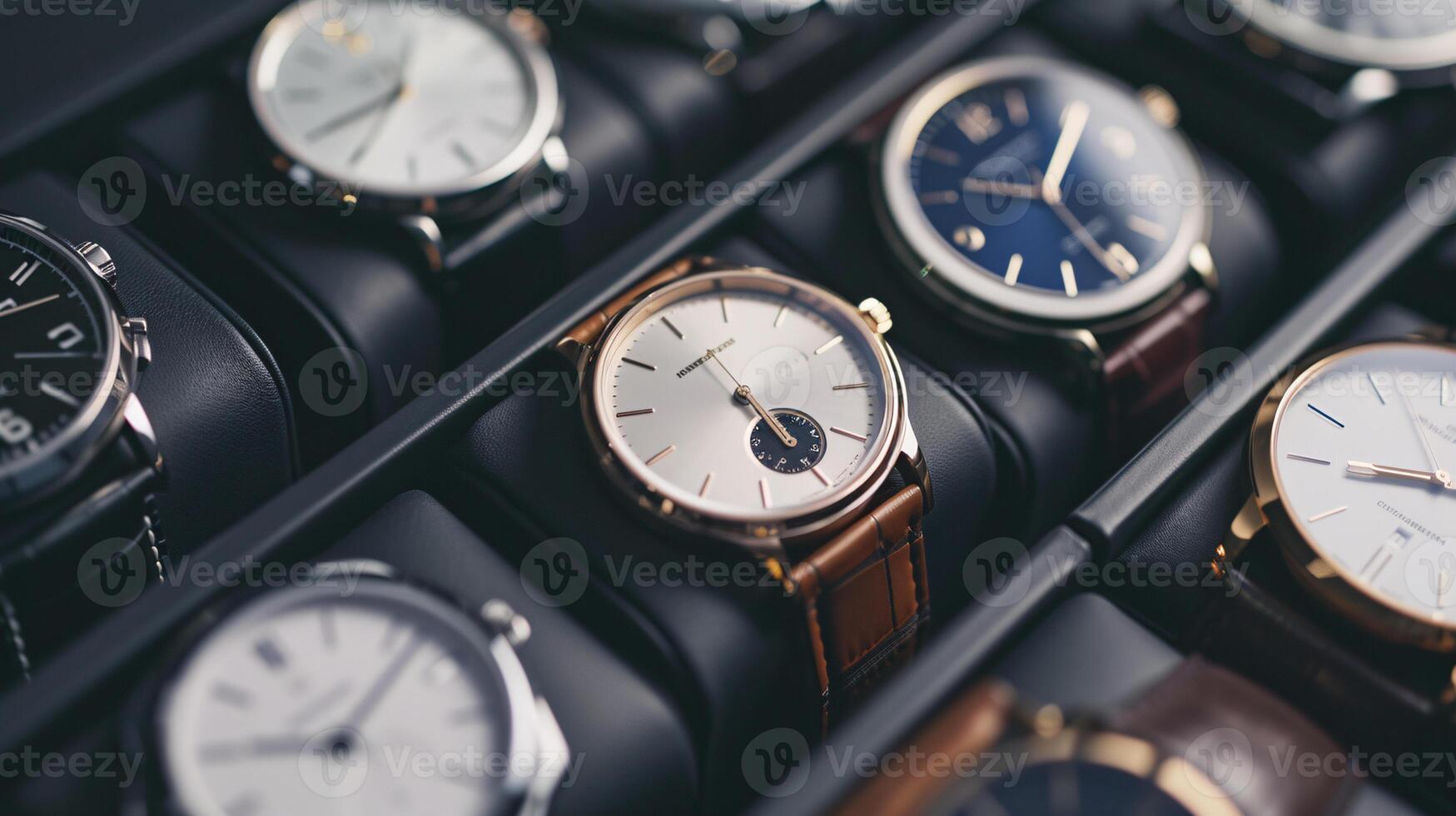 A collection of stylish wristwatches, arranged in a pattern, showcases the elegance of timepieces photo