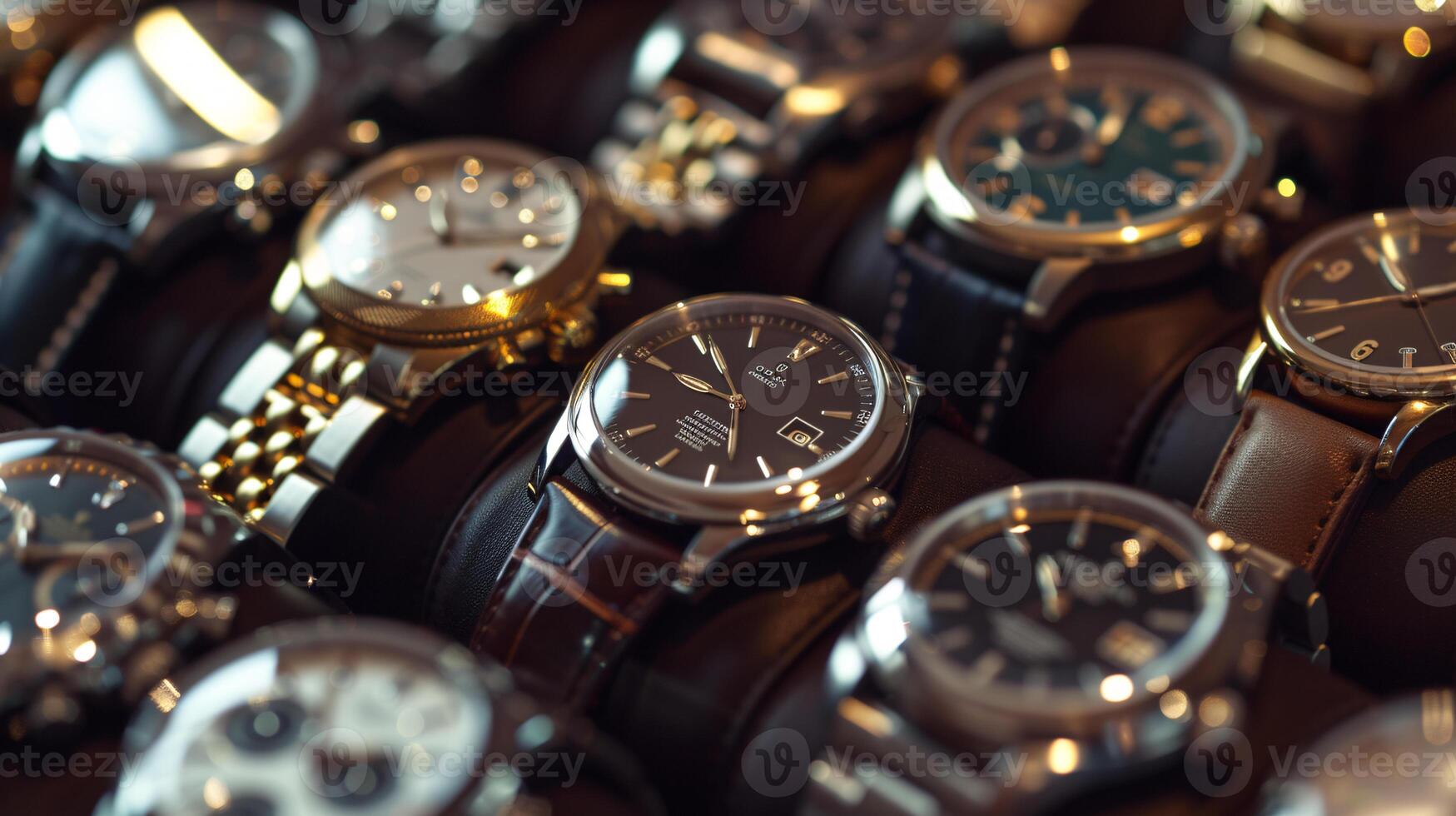 A collection of stylish wristwatches, arranged in a pattern, showcases the elegance of timepieces photo