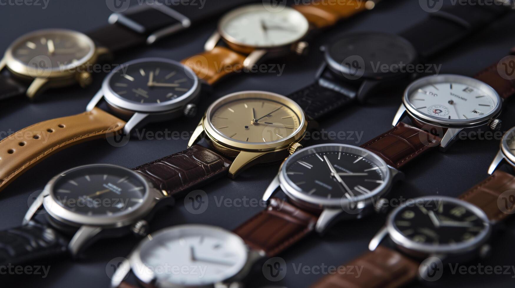 A collection of stylish wristwatches, arranged in a pattern, showcases the elegance of timepieces photo