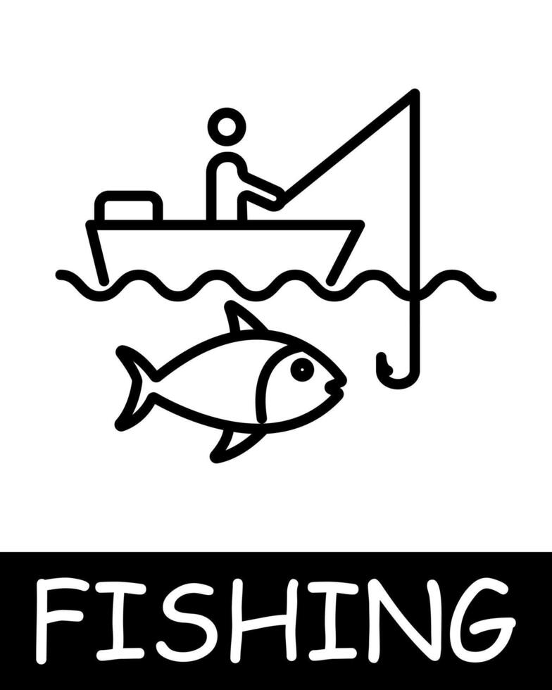 Boat, man, fisherman icon. Shallop, fishing rod, fish, underwater creatures, landscape, simplicity, silhouettes, relaxation in nature, fresh air, hobby. The concept of fishing, useful recreation. vector