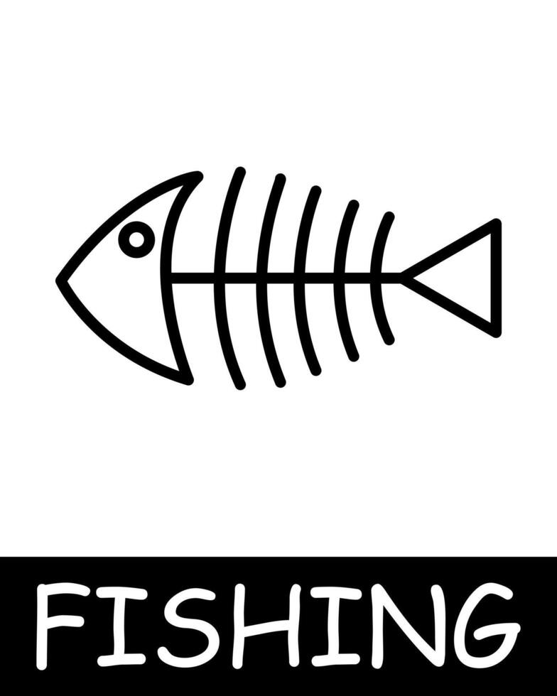 Catch, fish, fisherman icon. Fishing rod, fish skeleton, bait, underwater creatures, landscape, simplicity, silhouettes, relaxation in nature, fresh air, hobby. Concept of fishing, useful recreation. vector