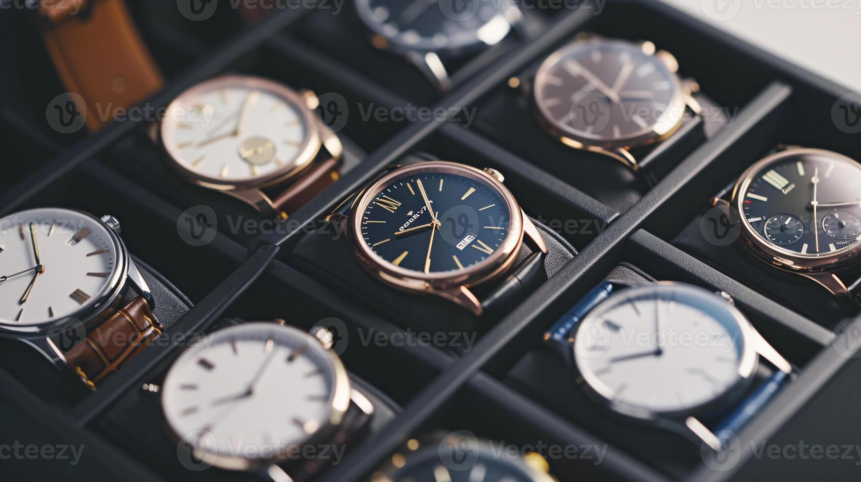 A collection of stylish wristwatches, arranged in a pattern, showcases the elegance of timepieces photo