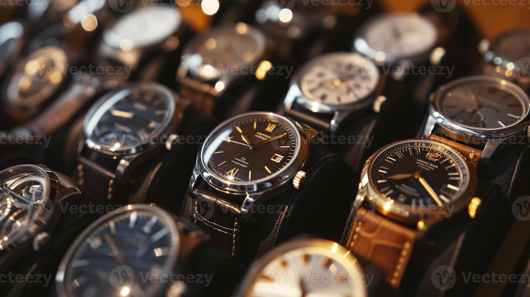 A collection of stylish wristwatches, arranged in a pattern, showcases the elegance of timepieces photo