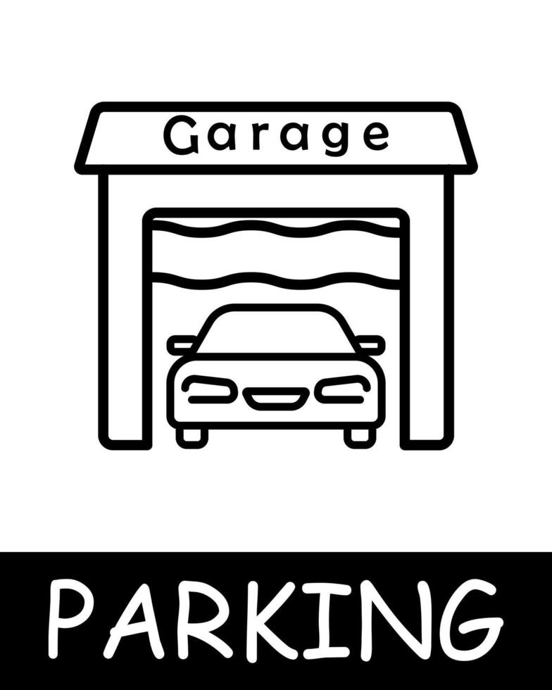Parking, garage, car icon. Vehicle management, convenient transport solutions, silhouette, automobile, mechanism, equipment, vehicle, parking space. The concept of providing car park services. vector