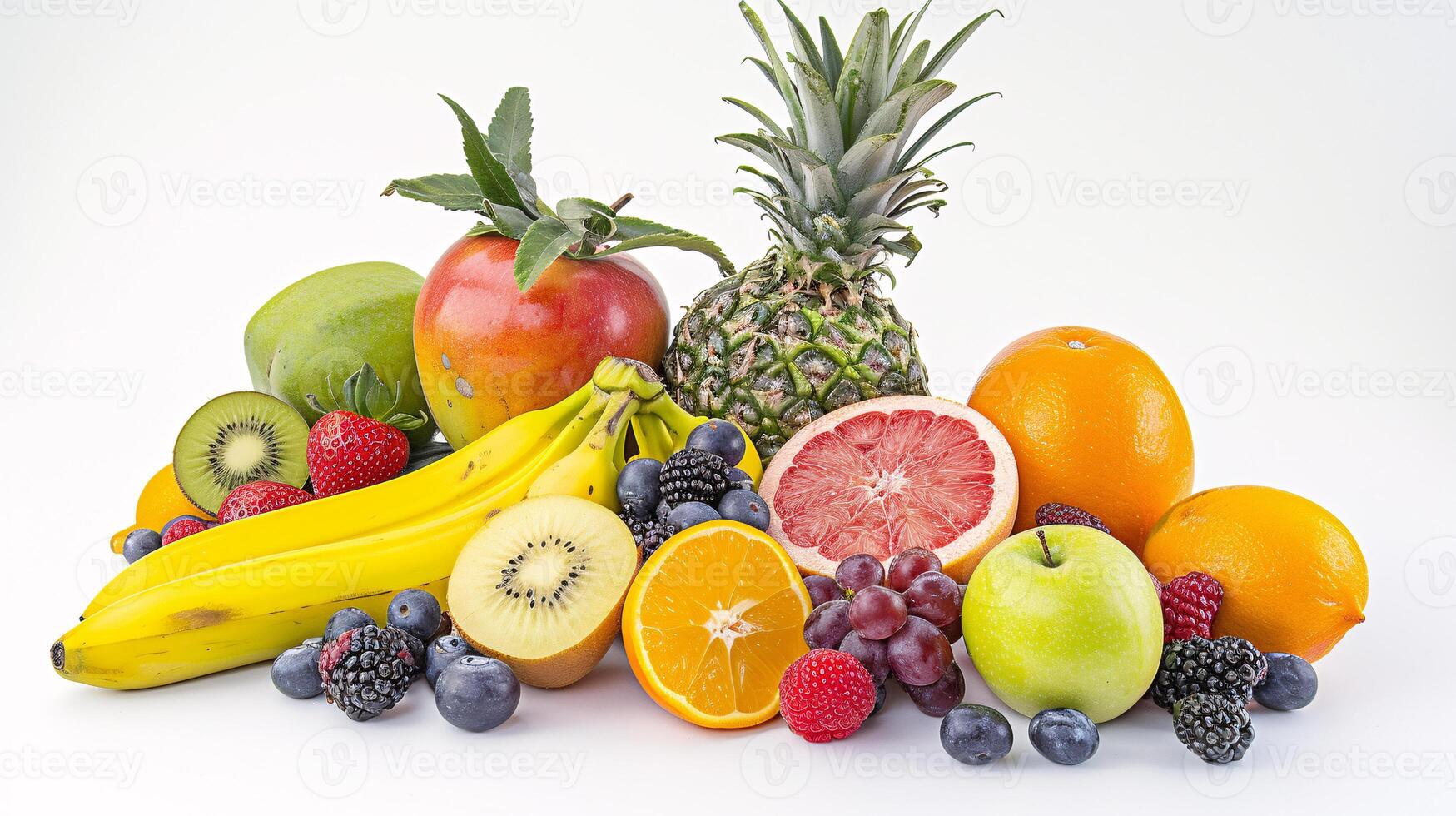 A bountiful selection of fresh, vibrant fruits are scattered artfully on the pristine white background photo