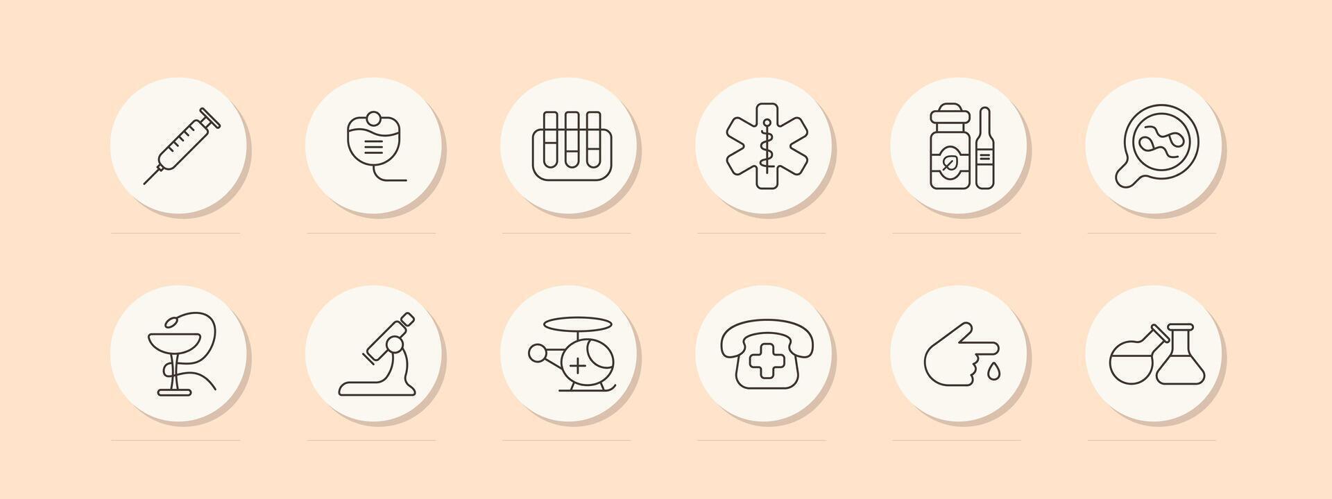 Medical equipment set icon. Glass, snake, goblet, telephone, cross, call an ambulance, microscope, magnifying glass, flask, container, dropper, health care. Medical care concept. line icon. vector