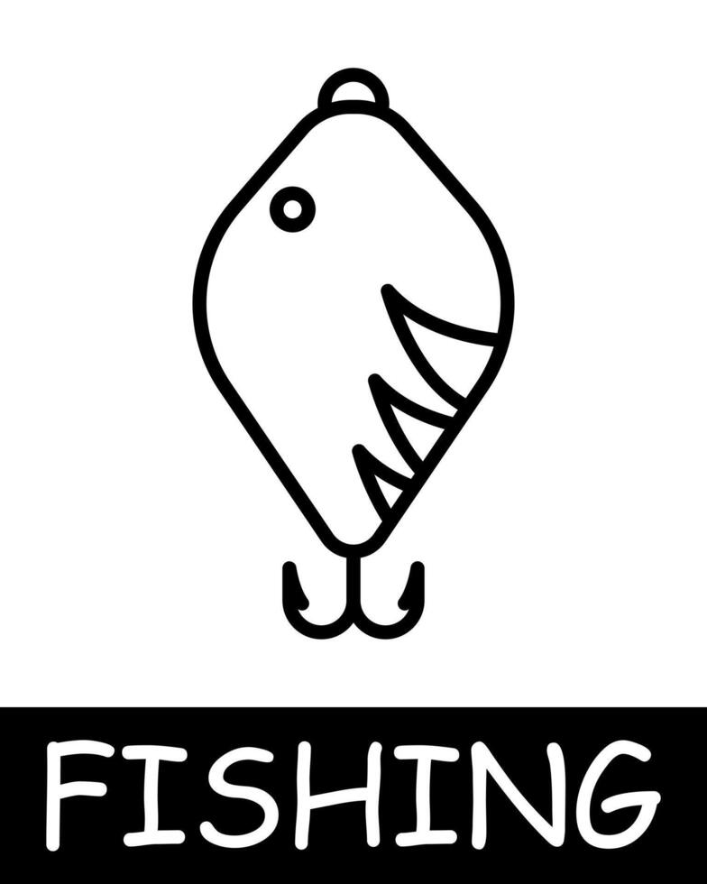Catch, fish, fisherman icon. Fishing rod, bait, float, underwater creatures, landscape, simplicity, silhouettes, relaxation in nature, fresh air, hobby. The concept of fishing, useful recreation. vector