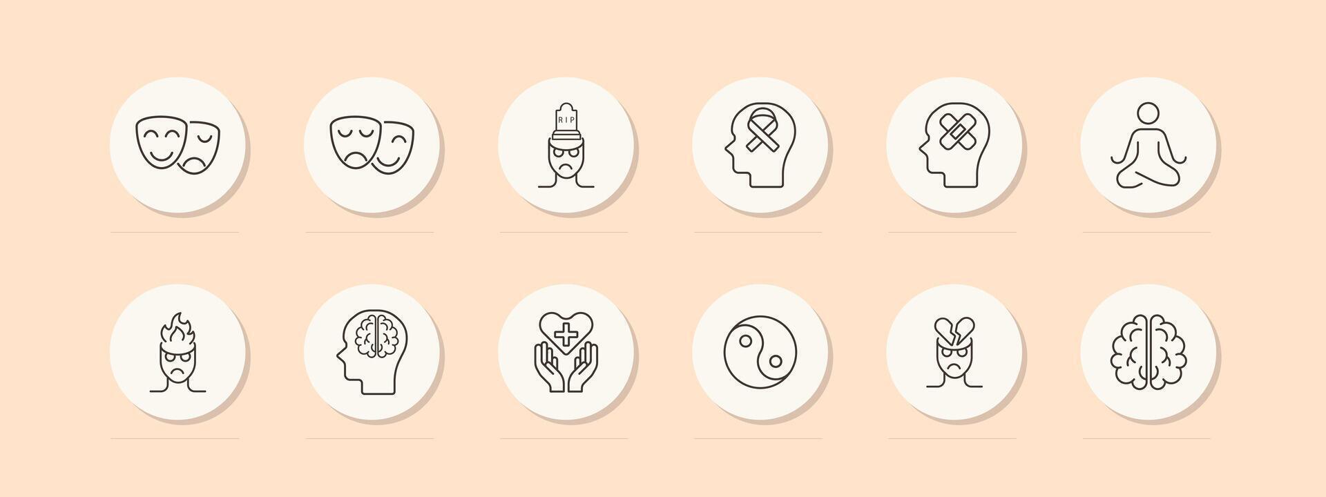 Mood icon set. Theater masks, smile, anger, yin yang, man, brain, fire, meditation, silhouette, sentiment care, patch, restoration, pastel. Controlling your condition concept. line icon. vector