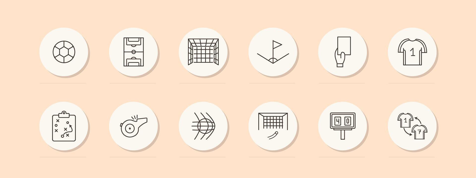 Football set icon. Ball, T shirt. form, field, card, punishment, whistle, scoreboard, plan, player substitution, goal, net, corner, football goal. Culinary dishes concept. line icon. vector